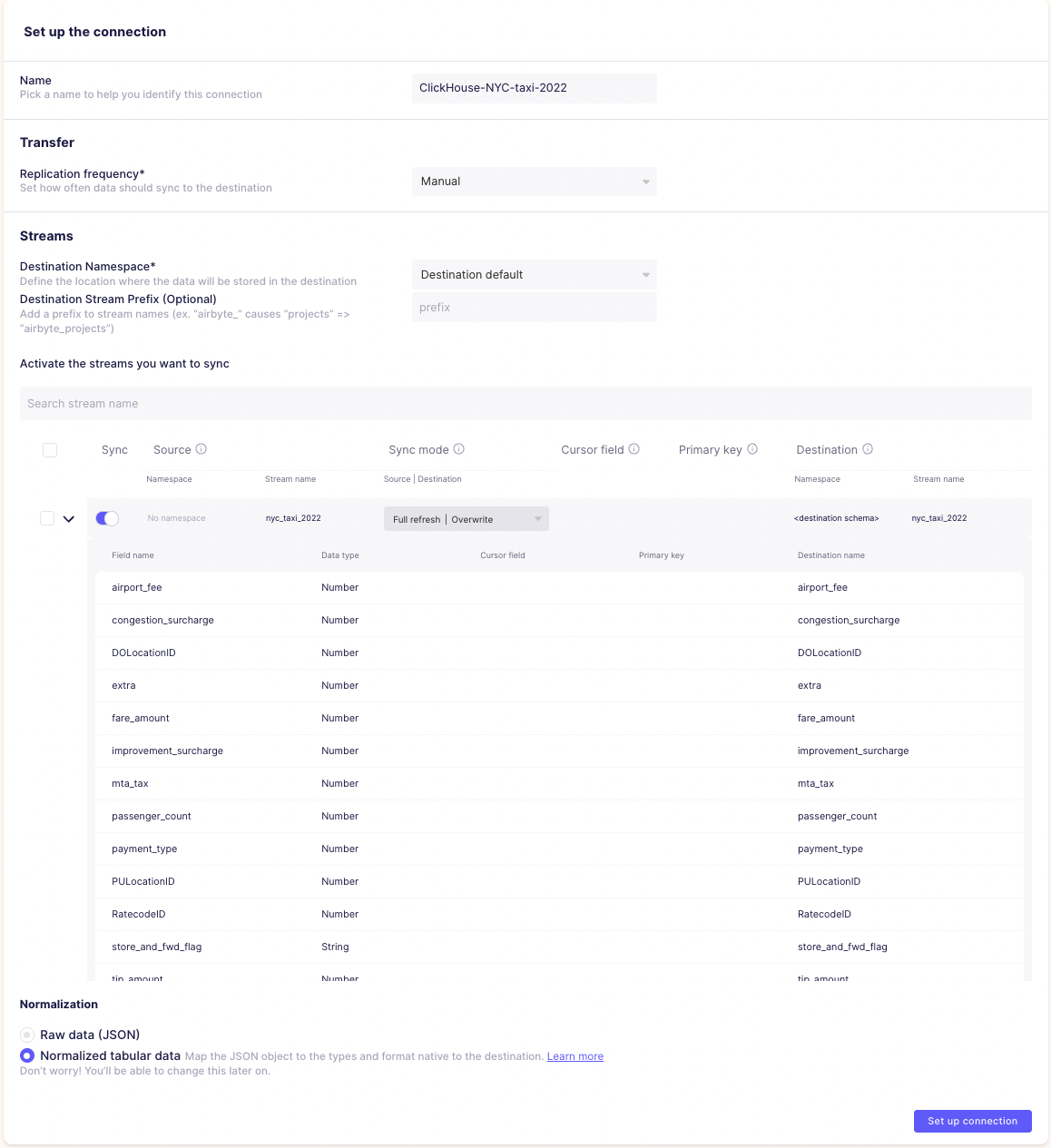 Создание подключения в Airbyte