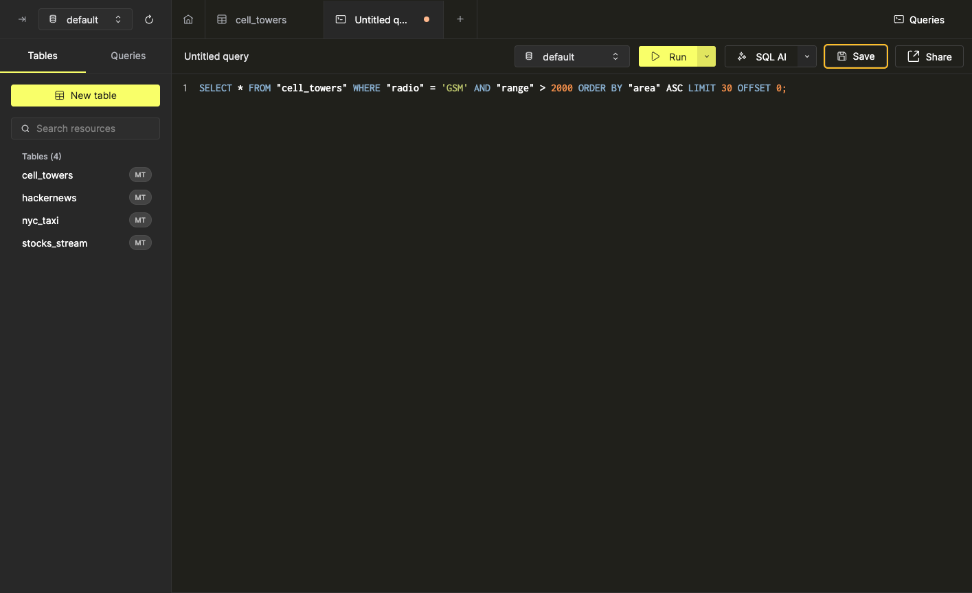Интерфейс с кнопкой Create Query, которая генерирует SQL на основе фильтров и сортировок