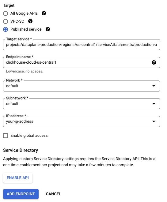 Включение Global Access для Private Service Connect