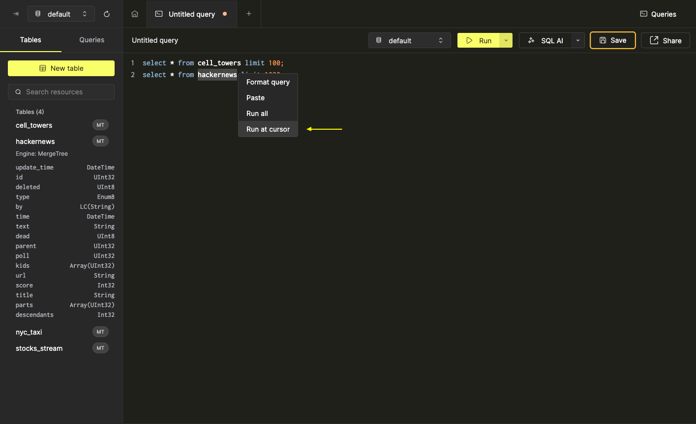 Опция Run at cursor в контекстном меню SQL Editor